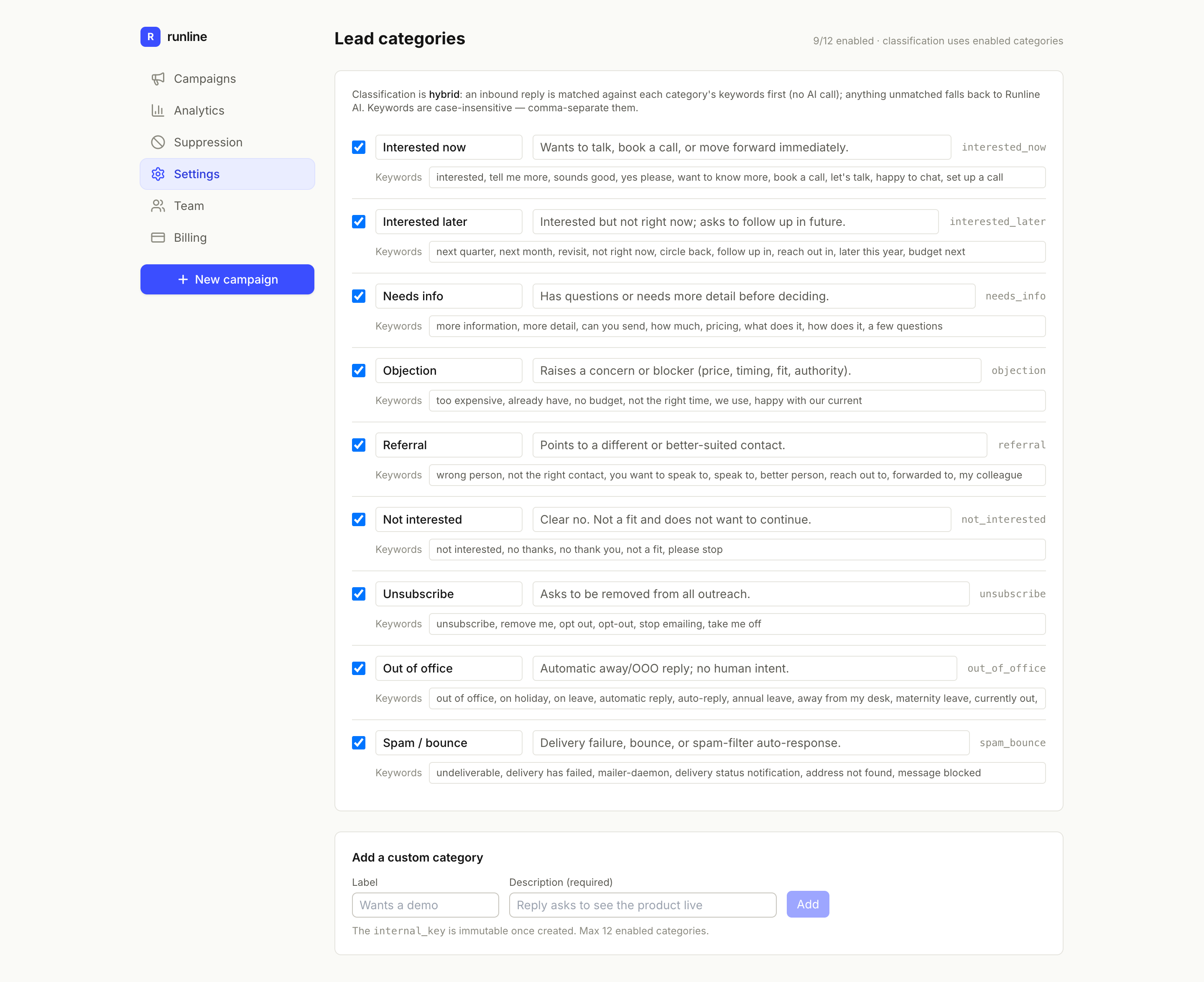 Runline Lead categories screen listing reply categories (Interested, Not interested, Unsubscribe, Out of office and more), each with an editable comma-separated keyword list.