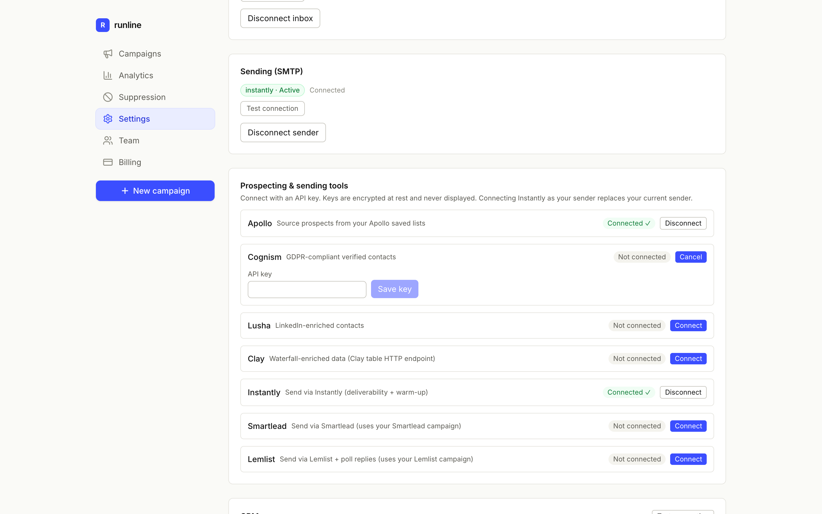 A prospecting tool row expanded to show an empty API key field and a Save key button.