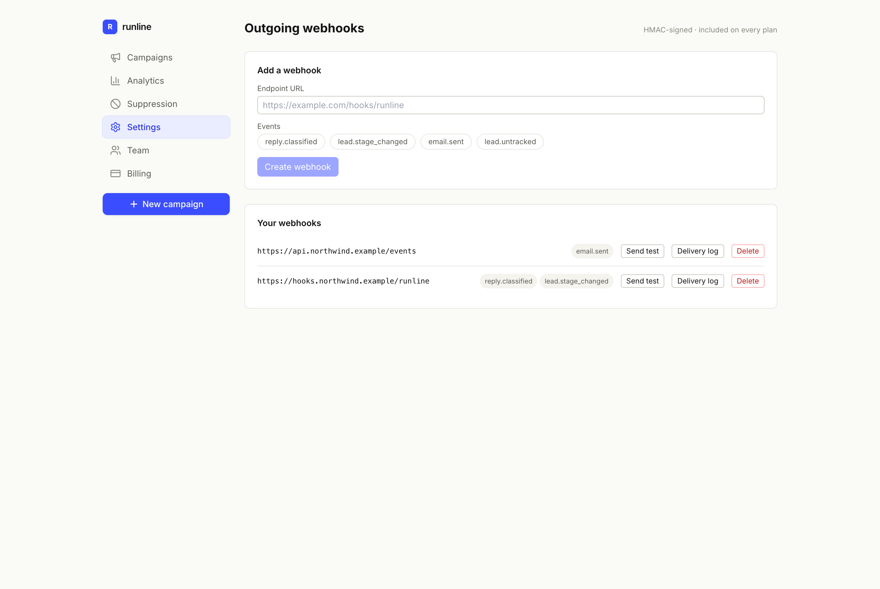 Runline Outgoing webhooks screen: an add-webhook form with an endpoint URL and selectable event pills, and a list of configured webhooks with Send test, Delivery log and Delete actions.