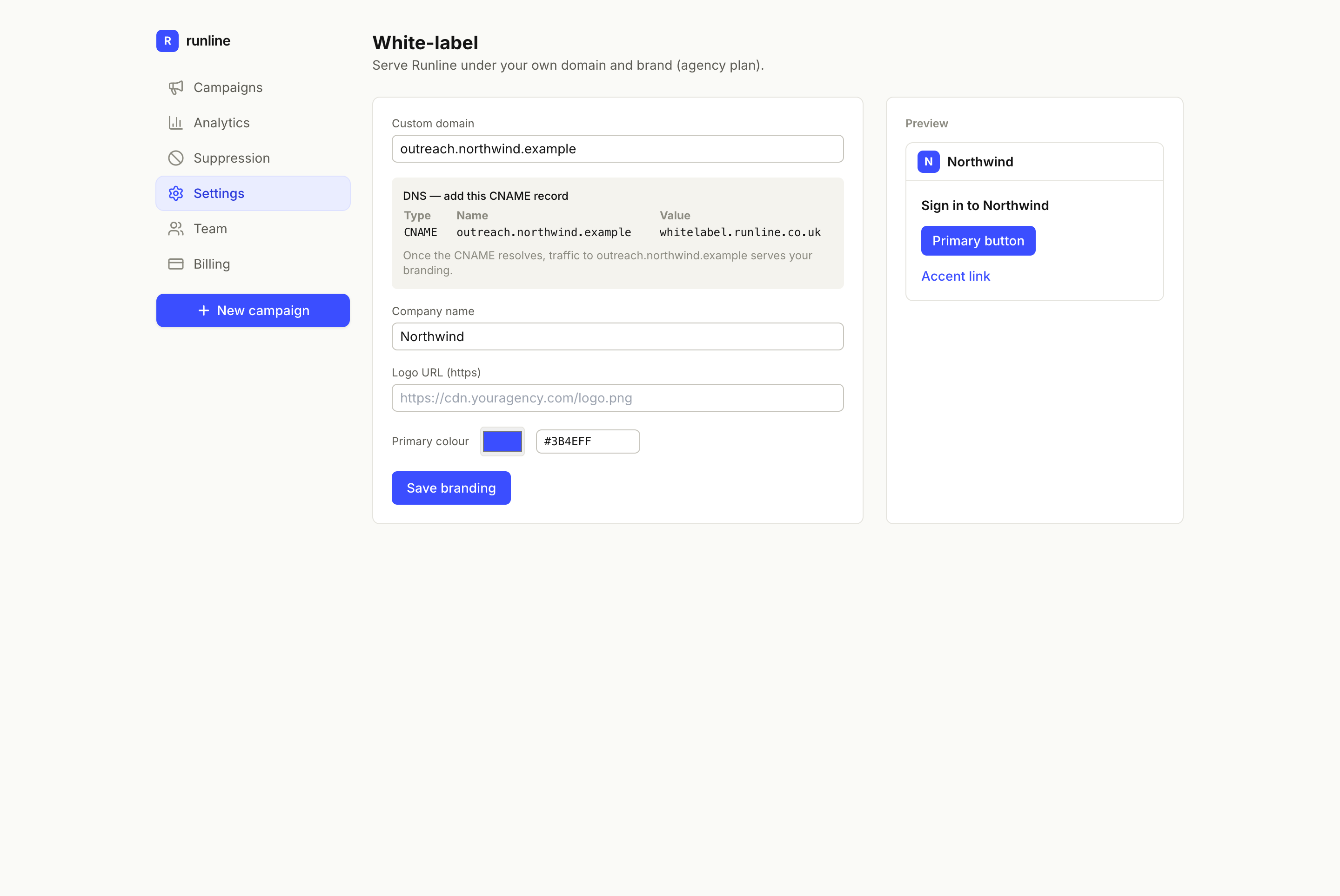 Runline White-label settings screen: a custom domain field with CNAME record instructions, company name, logo URL and primary colour picker, alongside a live brand preview.